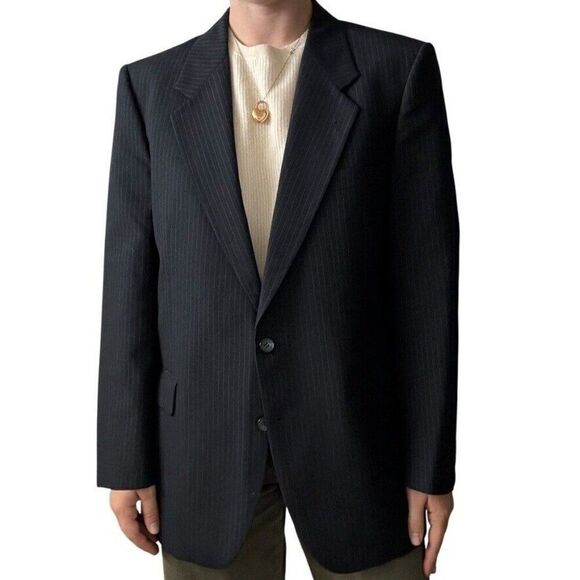 Vintage YSL Yves Saint Laurent Navy Blue Pin Stripe Wool Sport Coat Blazer 42R - Picture 8 of 11
